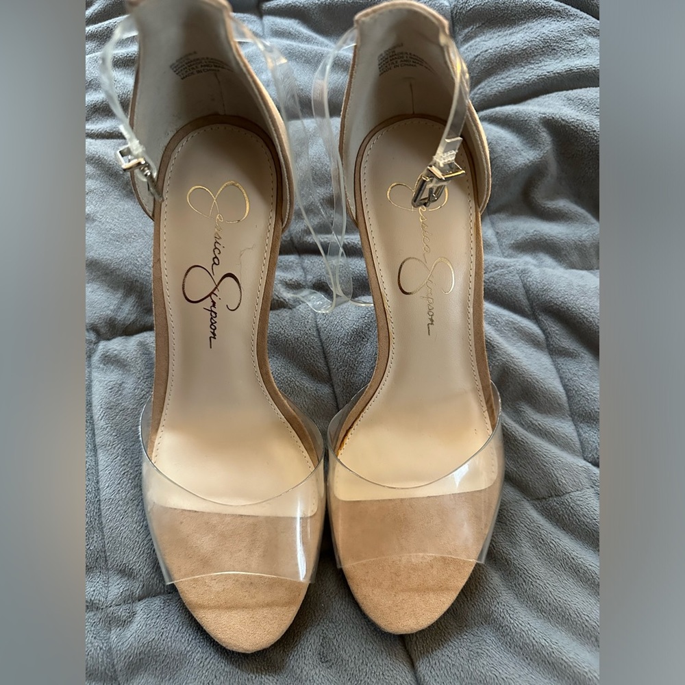 Suede nude and clear strap Jessica Simpson heels.